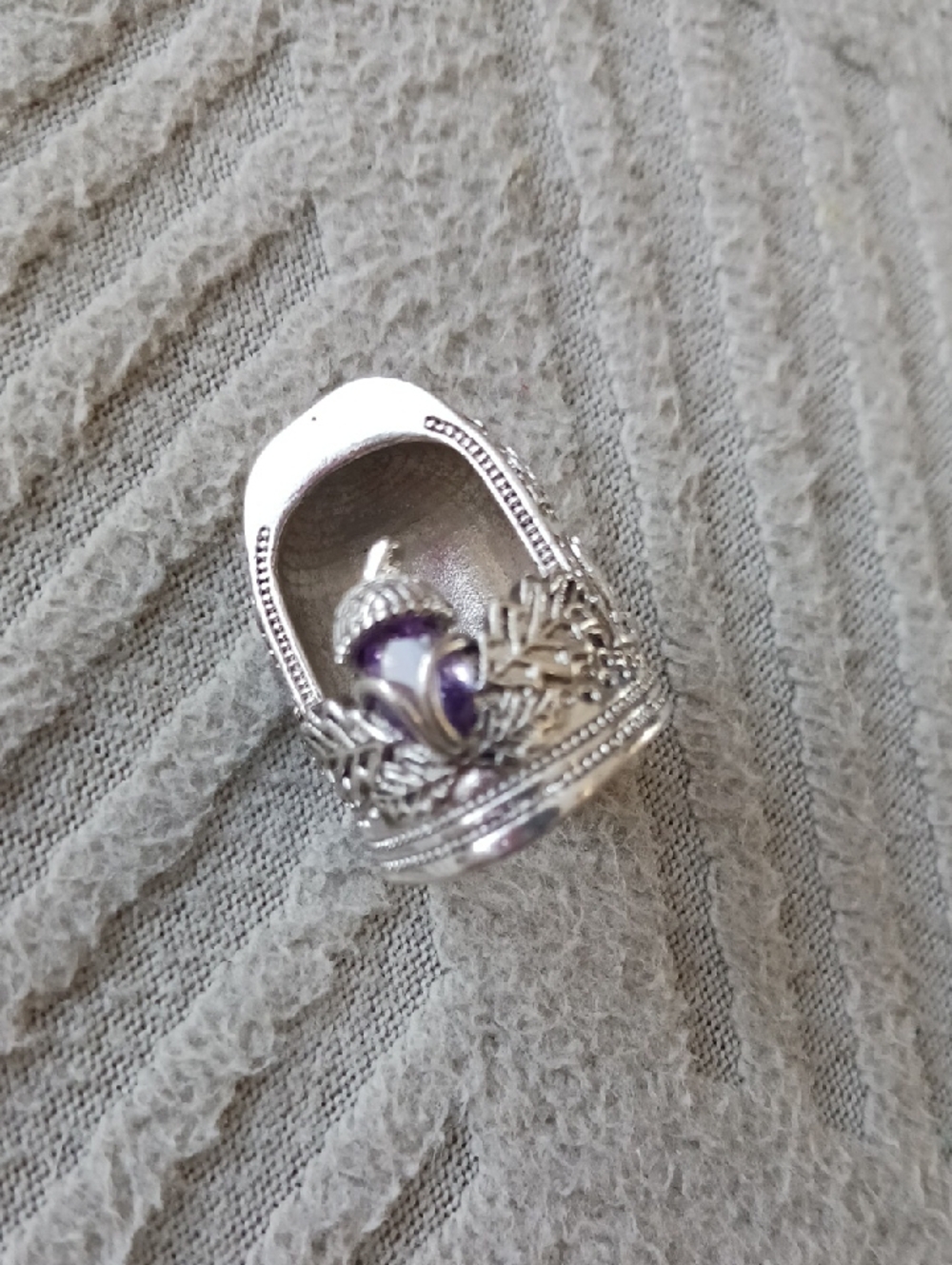 NIB Silver-Tone Decorative Thimble Pendant with Purple Gem Accent